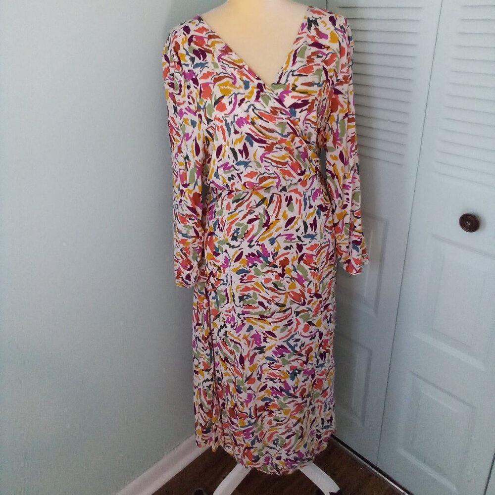 NWT BEACHLUNCHLOUNGE XL RUCHED ARMS WRAP DRESS MULTI COLOR LONG SLEEVES V-NECK